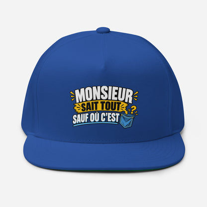 Casquette Snapback, brodée « Monsieur sait tout, sauf ou sait », en Bleu Roi, vue de face, image 14