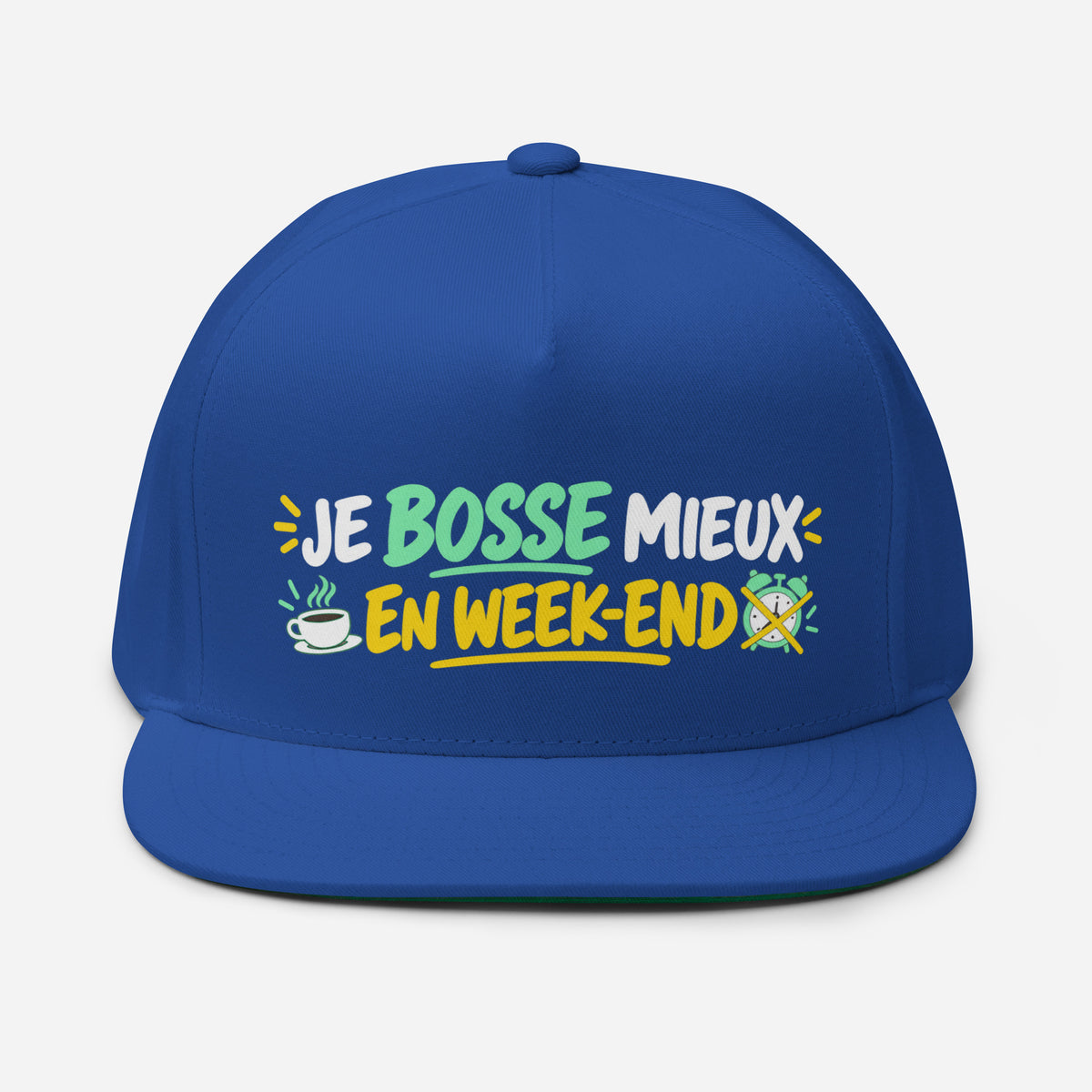 Casquette Snapback, brodée « Je bosse mieux en weekend », en Bleu Roi, vue de face, image 14