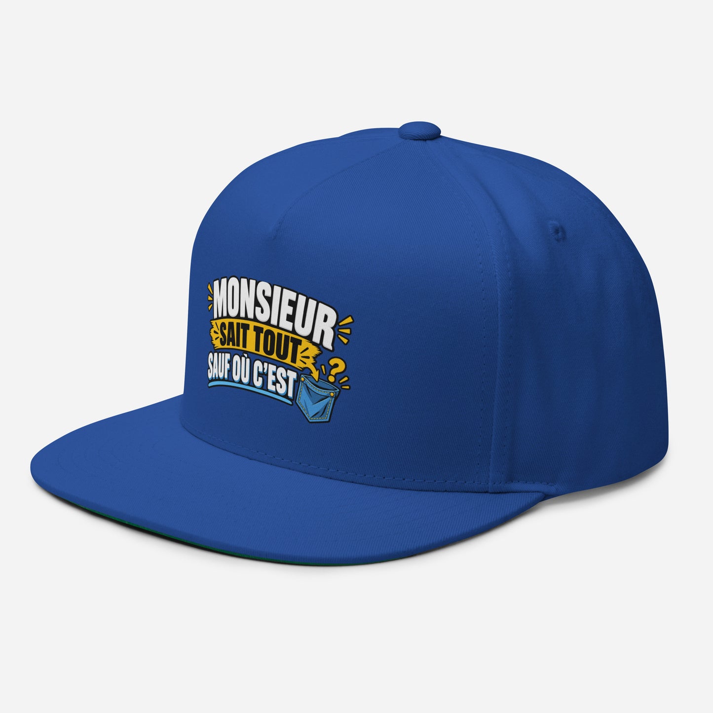 Casquette Snapback, brodée « Monsieur sait tout, sauf ou sait », en Bleu Roi, vue de trois quarts, image 15