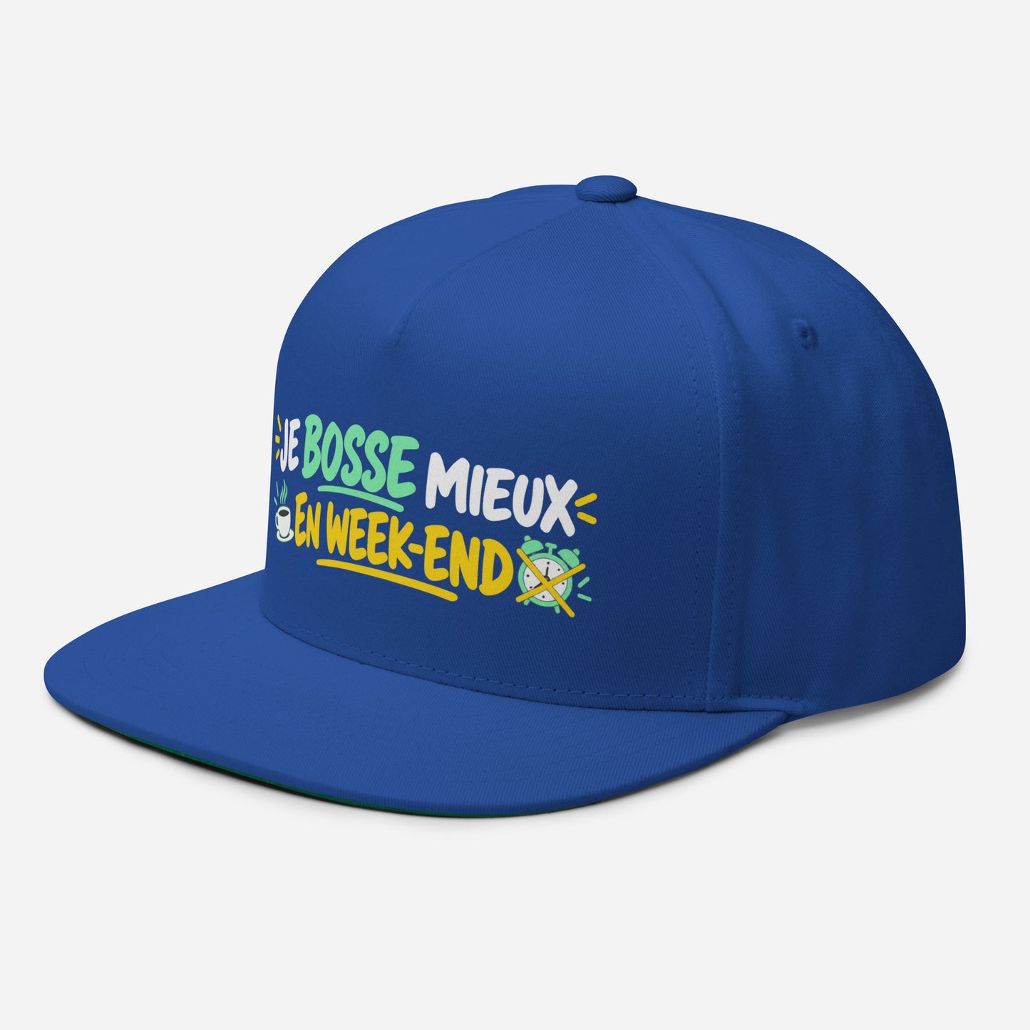 Casquette Snapback, brodée « Je bosse mieux en weekend », en Bleu Roi, vue de trois quarts, image 15