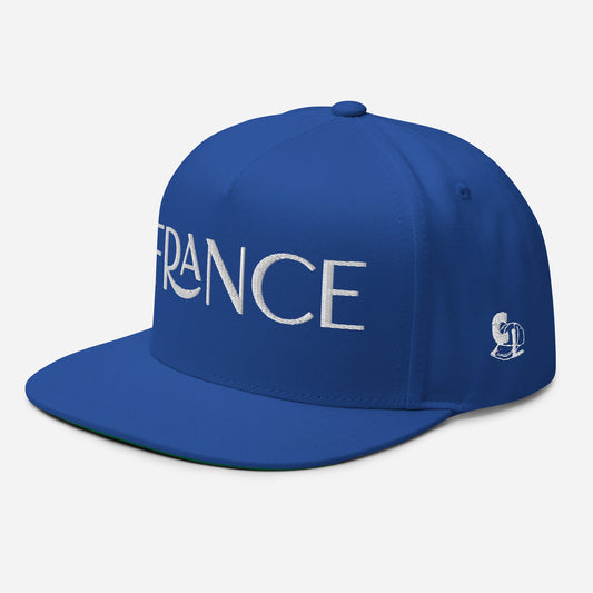 Casquette Snapback, brodée « France », en Bleu Roi, vue de trois quarts
