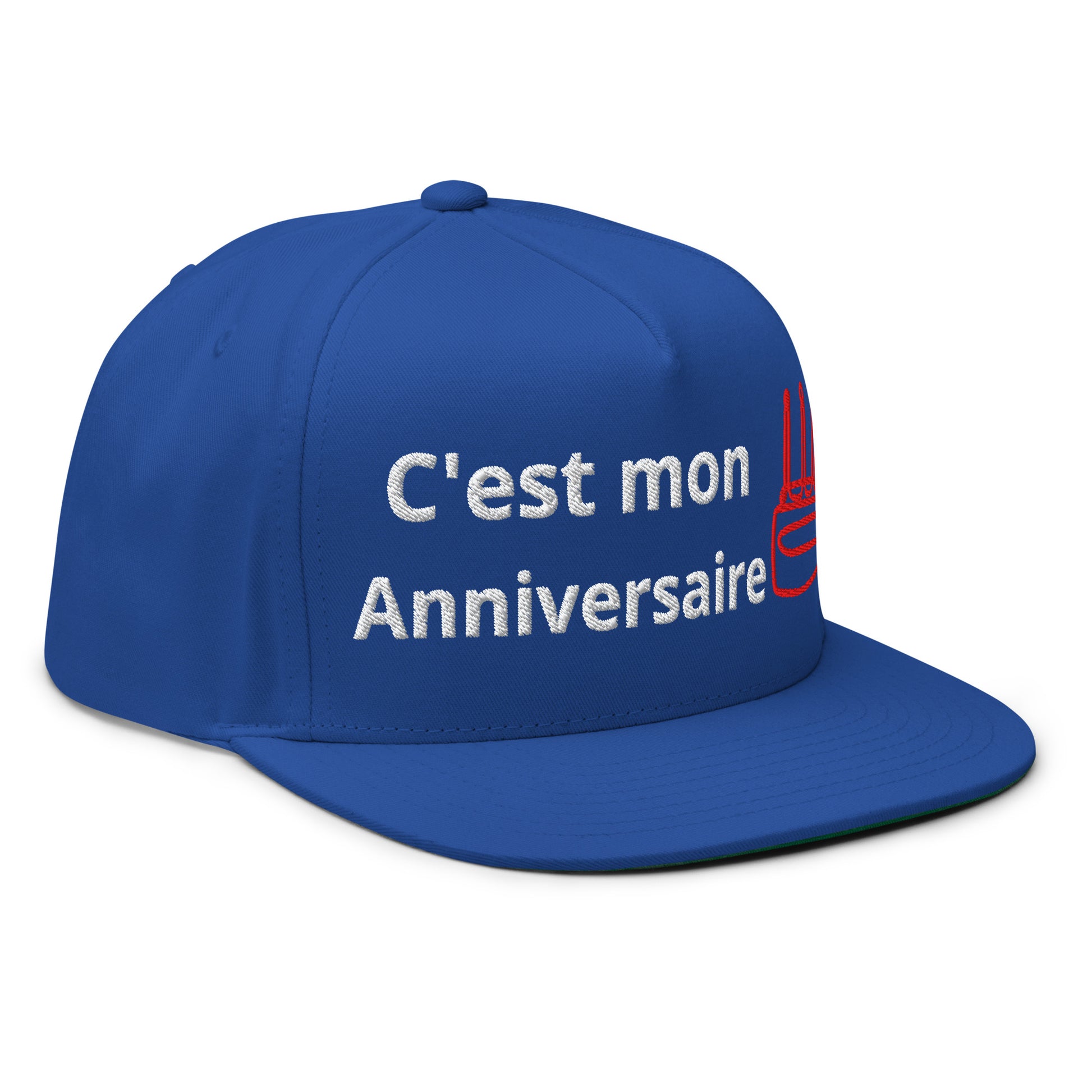 Casquette Snapback, brodée « C'est mon anniversaire », en Bleu Roi, vue de trois quarts, image 17