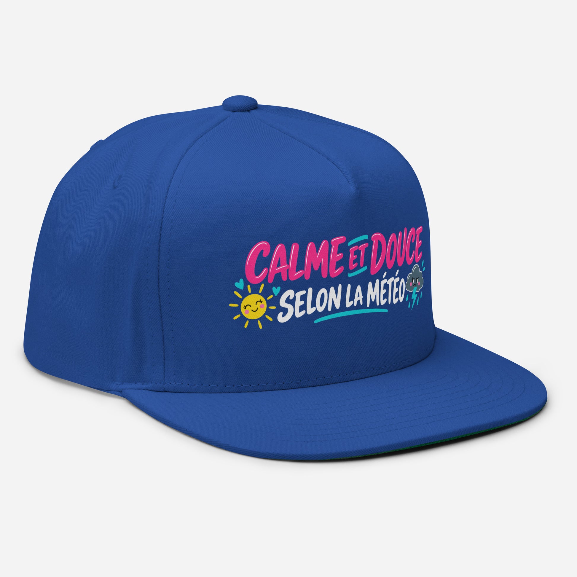 Casquette Snapback, brodée « Calme et douce selon la météo », en Bleu Roi, vue de trois quarts, image 18