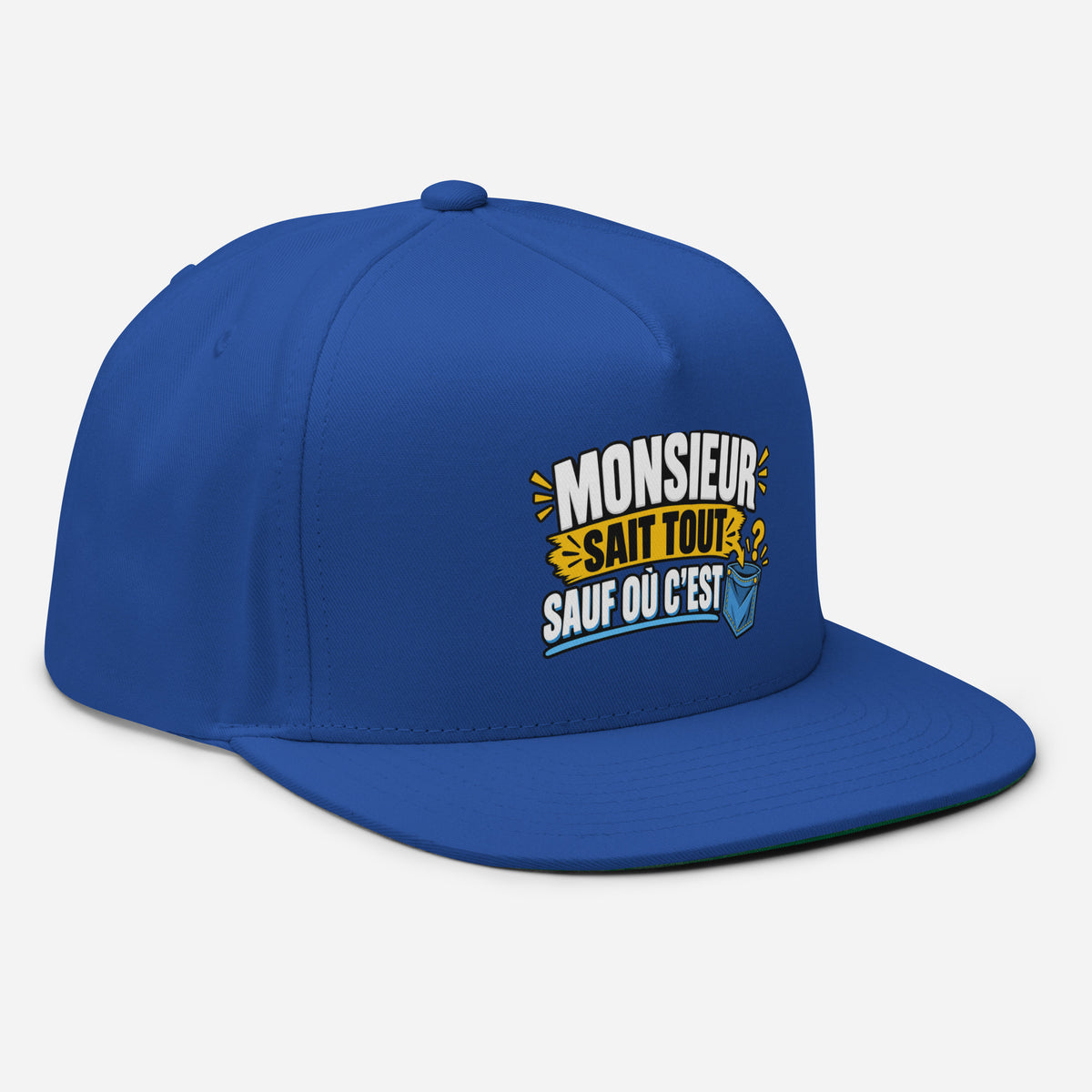 Casquette Snapback, brodée « Monsieur sait tout, sauf ou sait », en Bleu Roi, vue de trois quarts, image 17