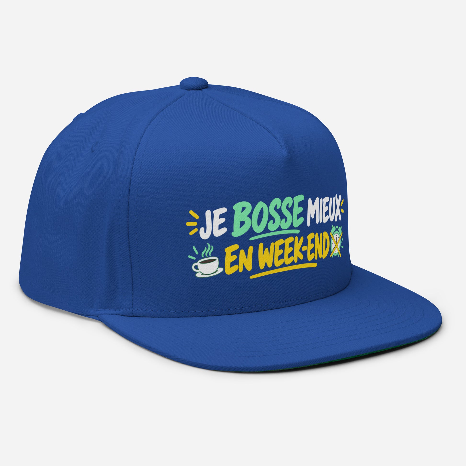 Casquette Snapback, brodée « Je bosse mieux en weekend », en Bleu Roi, vue de trois quarts, image 17