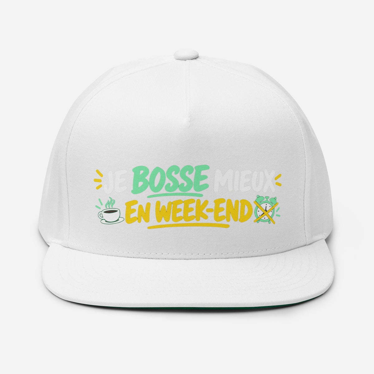 Casquette Snapback, brodée « Je bosse mieux en weekend », vue de face, image 26