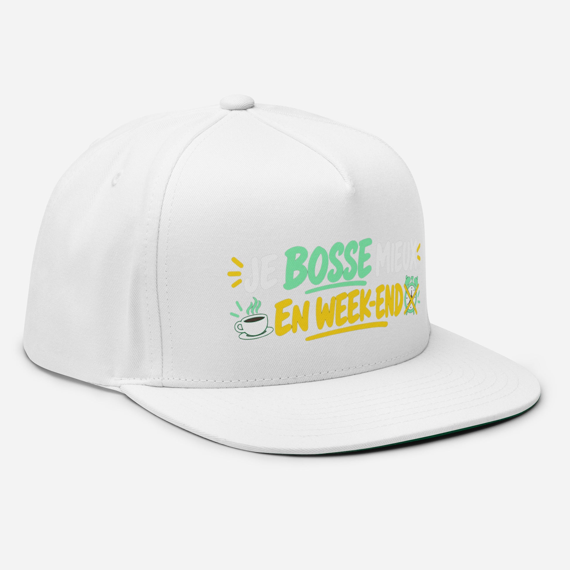 Casquette Snapback, brodée « Je bosse mieux en weekend », vue de trois quarts, image 29