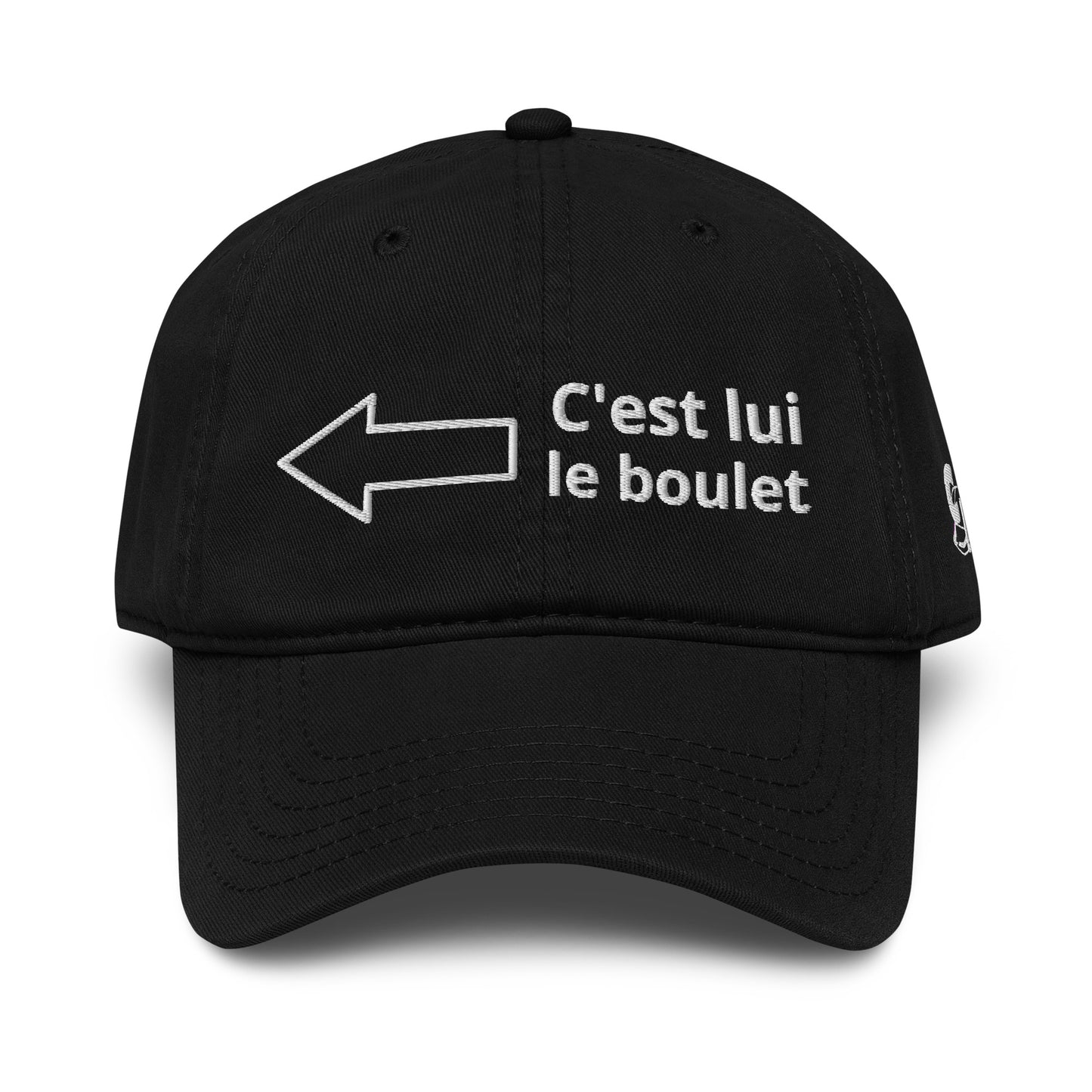 Casquette Baseball, brodée « <= c'est lui le boulet », en Noir, vue de face, image 7