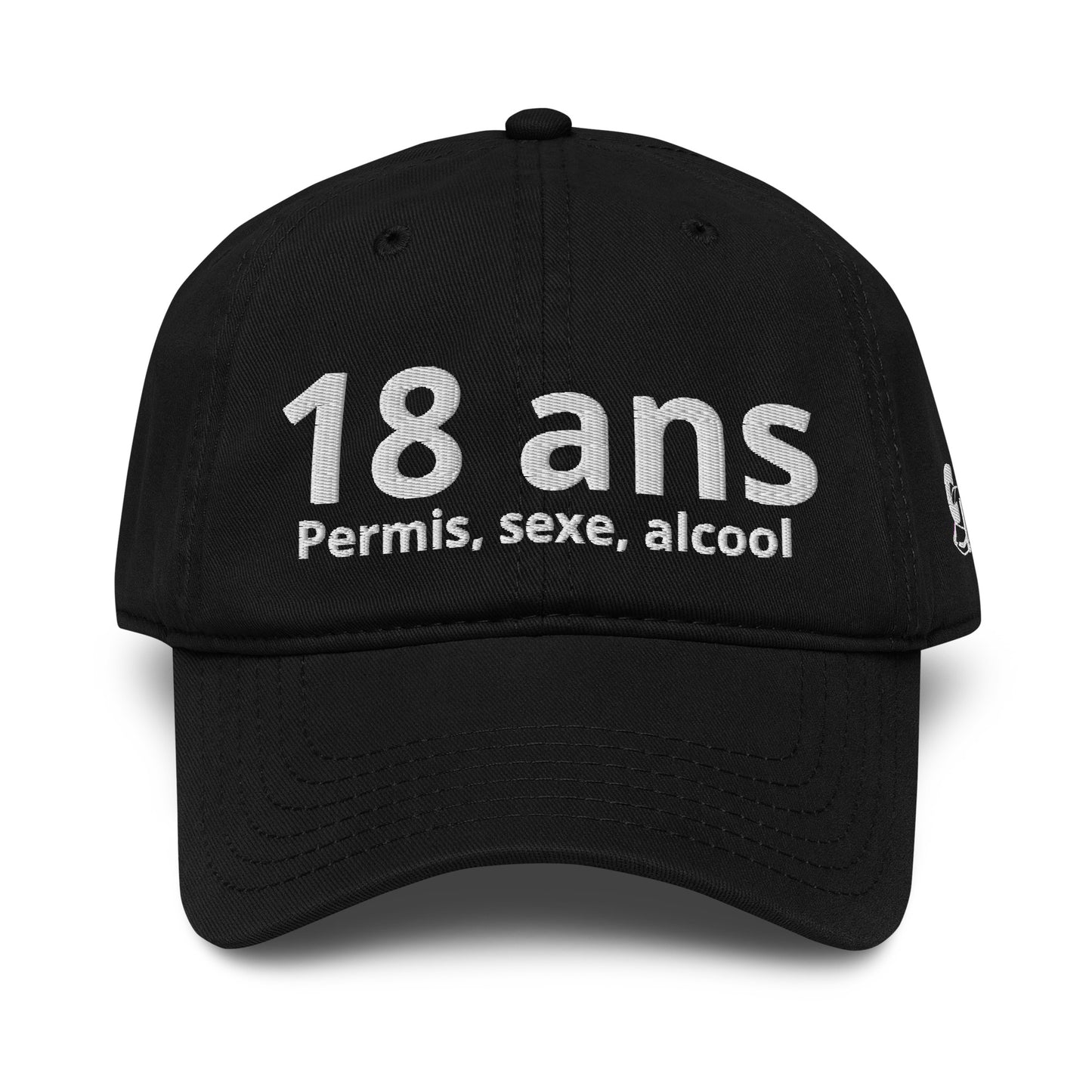 Casquette Baseball, brodée « 18 ans, Permis, sexe, alcool », en Noir, vue de face, image 7
