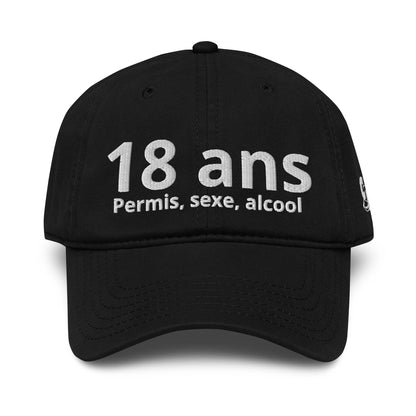 Casquette Baseball, brodée « 18 ans, Permis, sexe, alcool », en Noir, vue de face, image 7