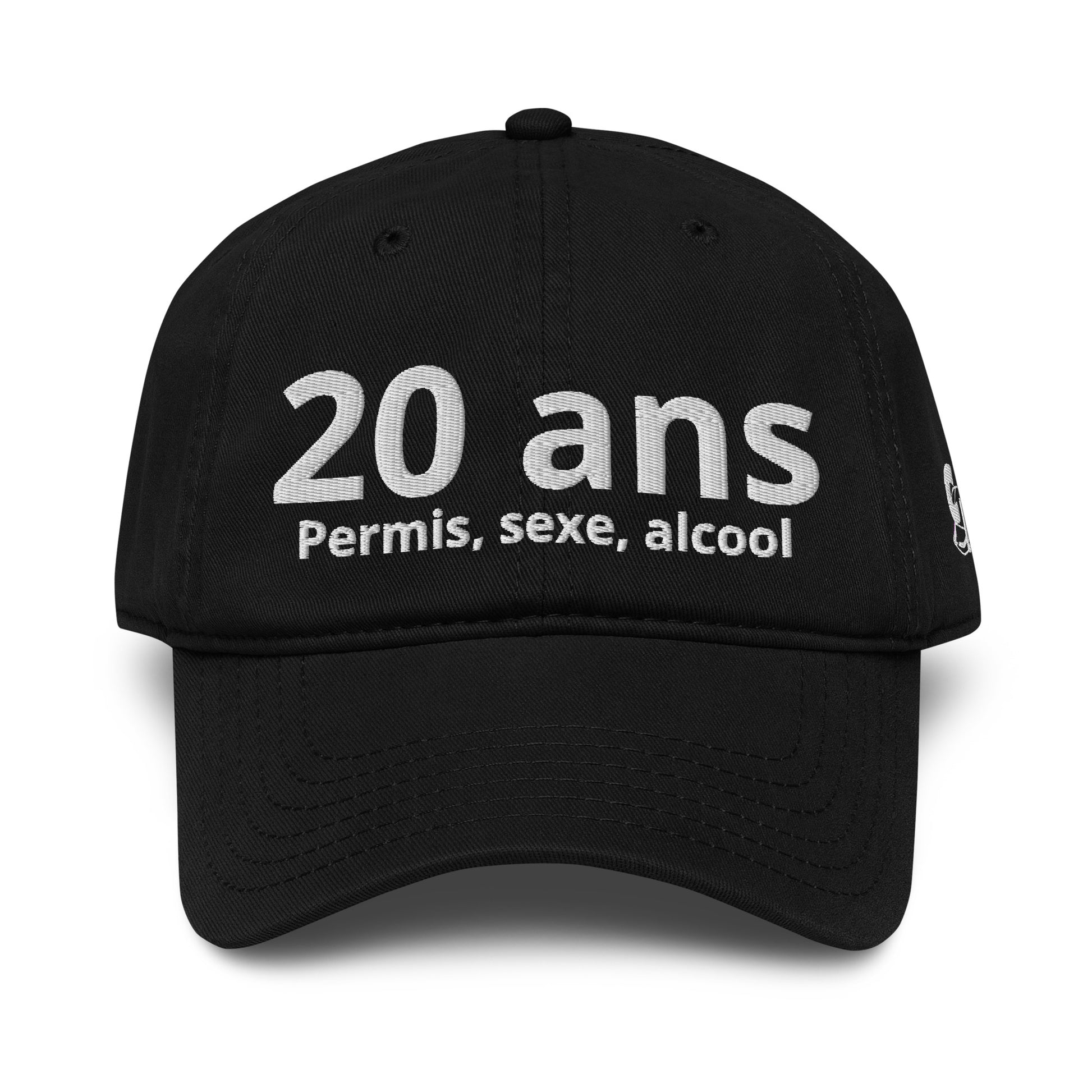 Casquette Baseball, brodée « 20 ans, Permis, sexe, alcool », en Noir, vue de face, image 7