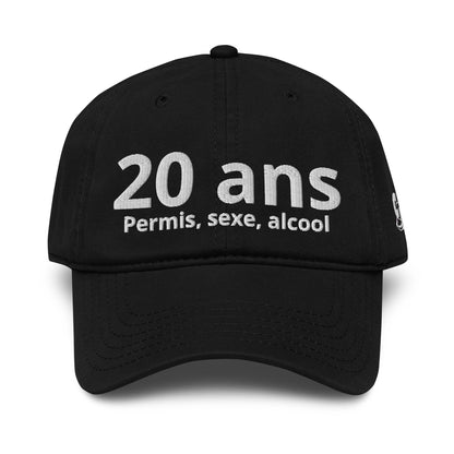 Casquette Baseball, brodée « 20 ans, Permis, sexe, alcool », en Noir, vue de face, image 7