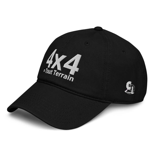 Casquette Baseball, brodée « 4x4 = Tout Terrain », en Noir, vue de trois quarts