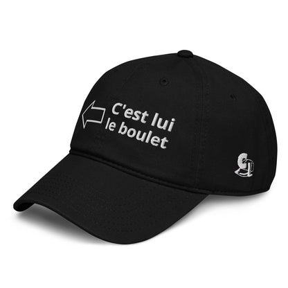 Casquette Baseball, brodée « <= c'est lui le boulet », en Noir, vue de trois quarts, image 3