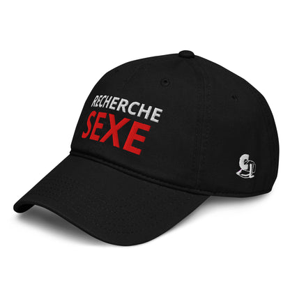 Casquette Baseball, brodée « Recherche SEXE », en Noir, vue de trois quarts