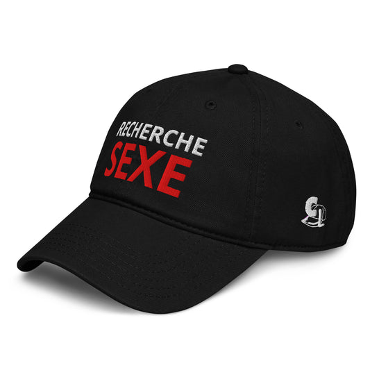 Casquette Baseball, brodée « Recherche SEXE », en Noir, vue de trois quarts