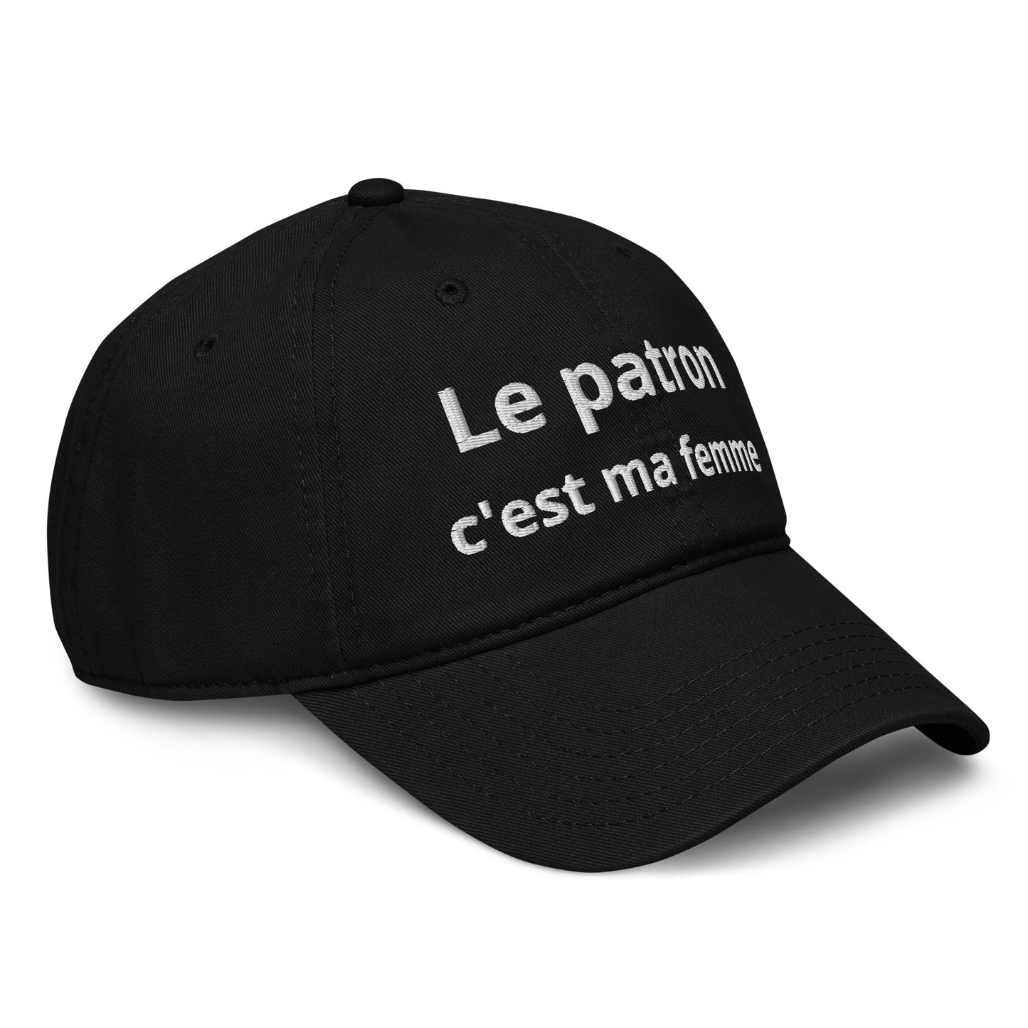 Casquette Baseball, brodée « Le patron c'est ma femme », en Noir, vue de trois quarts, image 9