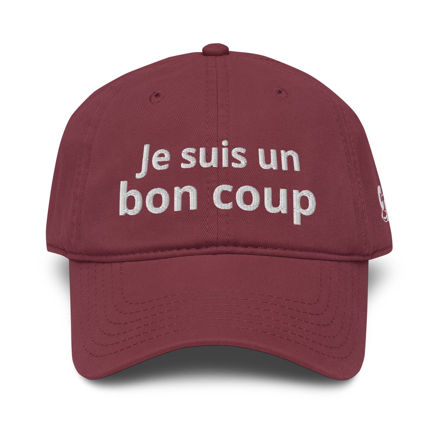 Casquette Baseball, brodée « Je suis un bon coup », en Bordeaux, vue de face, image 15