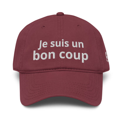 Casquette Baseball, brodée « Je suis un bon coup », en Bordeaux, vue de face, image 15