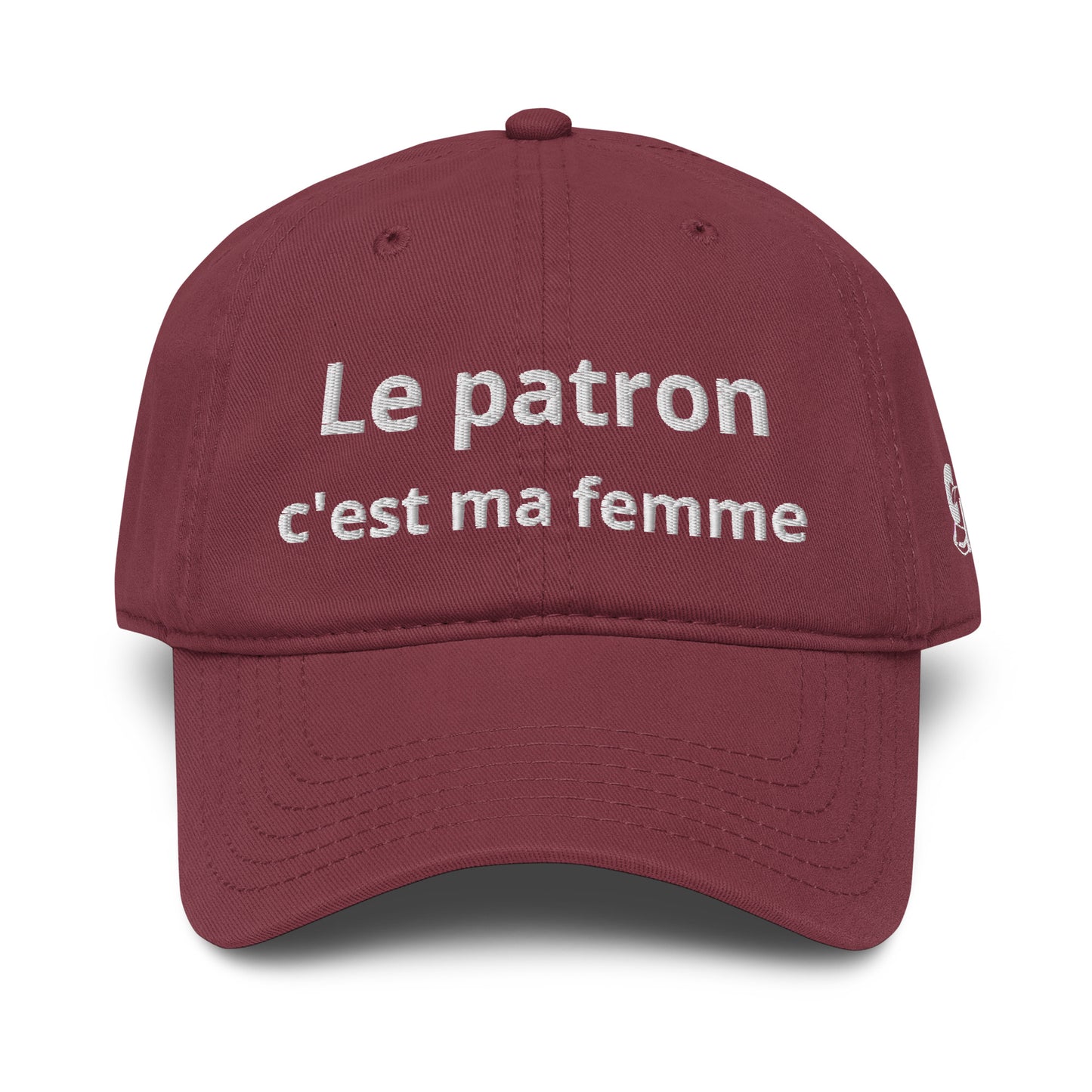 Casquette Baseball, brodée « Le patron c'est ma femme », en Bordeaux, vue de face, image 15