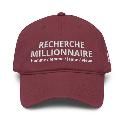 Casquette Baseball, brodée « Recherche Millionnaire », en Bordeaux, vue de face, image 15