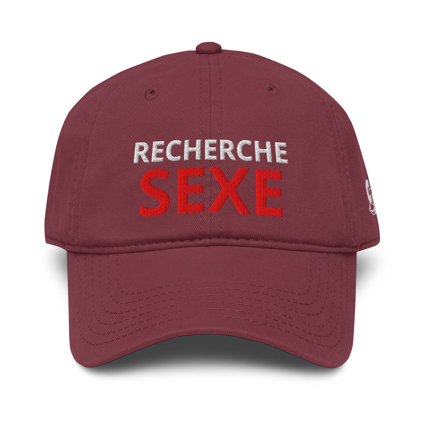 Casquette Baseball, brodée « Recherche SEXE », en Bordeaux, vue de face, image 15