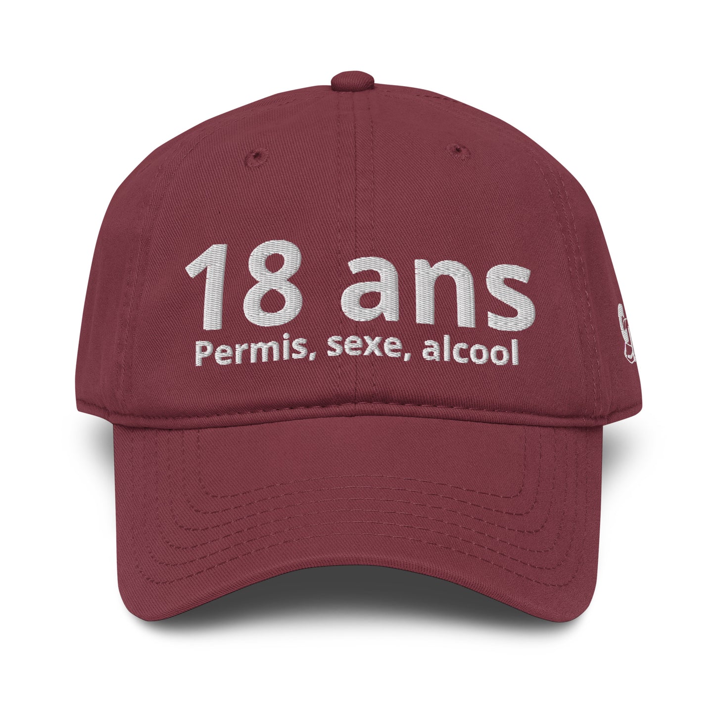 Casquette Baseball, brodée « 18 ans, Permis, sexe, alcool », en Bordeaux, vue de face, image 15