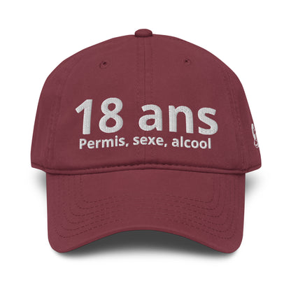 Casquette Baseball, brodée « 18 ans, Permis, sexe, alcool », en Bordeaux, vue de face, image 15