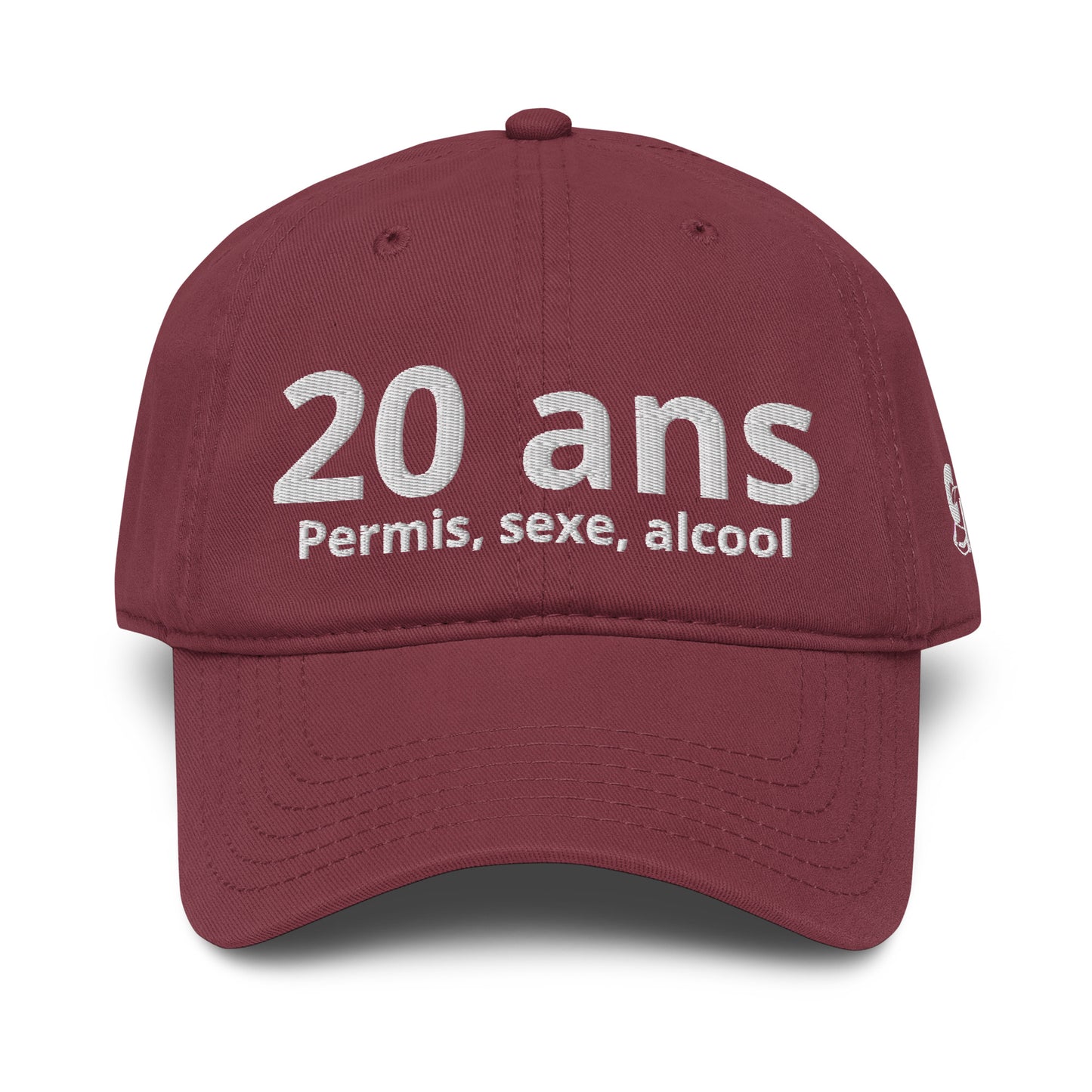 Casquette Baseball, brodée « 20 ans, Permis, sexe, alcool », en Bordeaux, vue de face, image 15