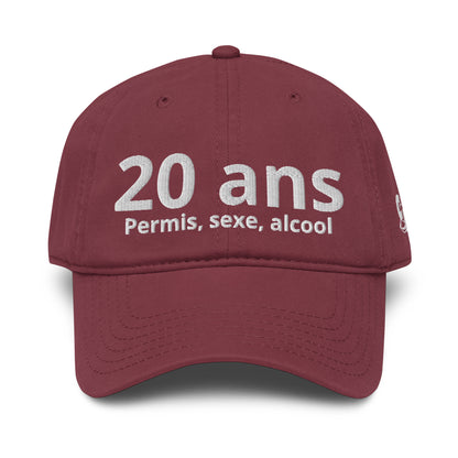 Casquette Baseball, brodée « 20 ans, Permis, sexe, alcool », en Bordeaux, vue de face, image 15