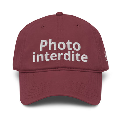 Casquette Baseball, brodée « Photo interdite », en Bordeaux, vue de face, image 15