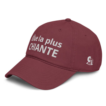 Casquette Baseball, brodée « Élue la plus chiante », en Bordeaux, vue de trois quarts