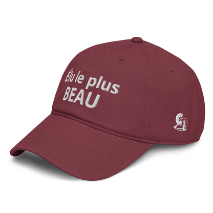 Casquette Baseball, brodée « Élu le plus beau », en Bordeaux, vue de trois quarts, image 3