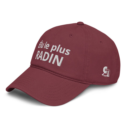 Casquette Baseball, brodée « Élu le plus radin », en Bordeaux, vue de trois quarts
