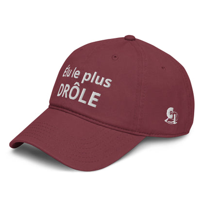 Casquette Baseball, brodée « Élu le plus drôle », en Bordeaux, vue de trois quarts, image 4