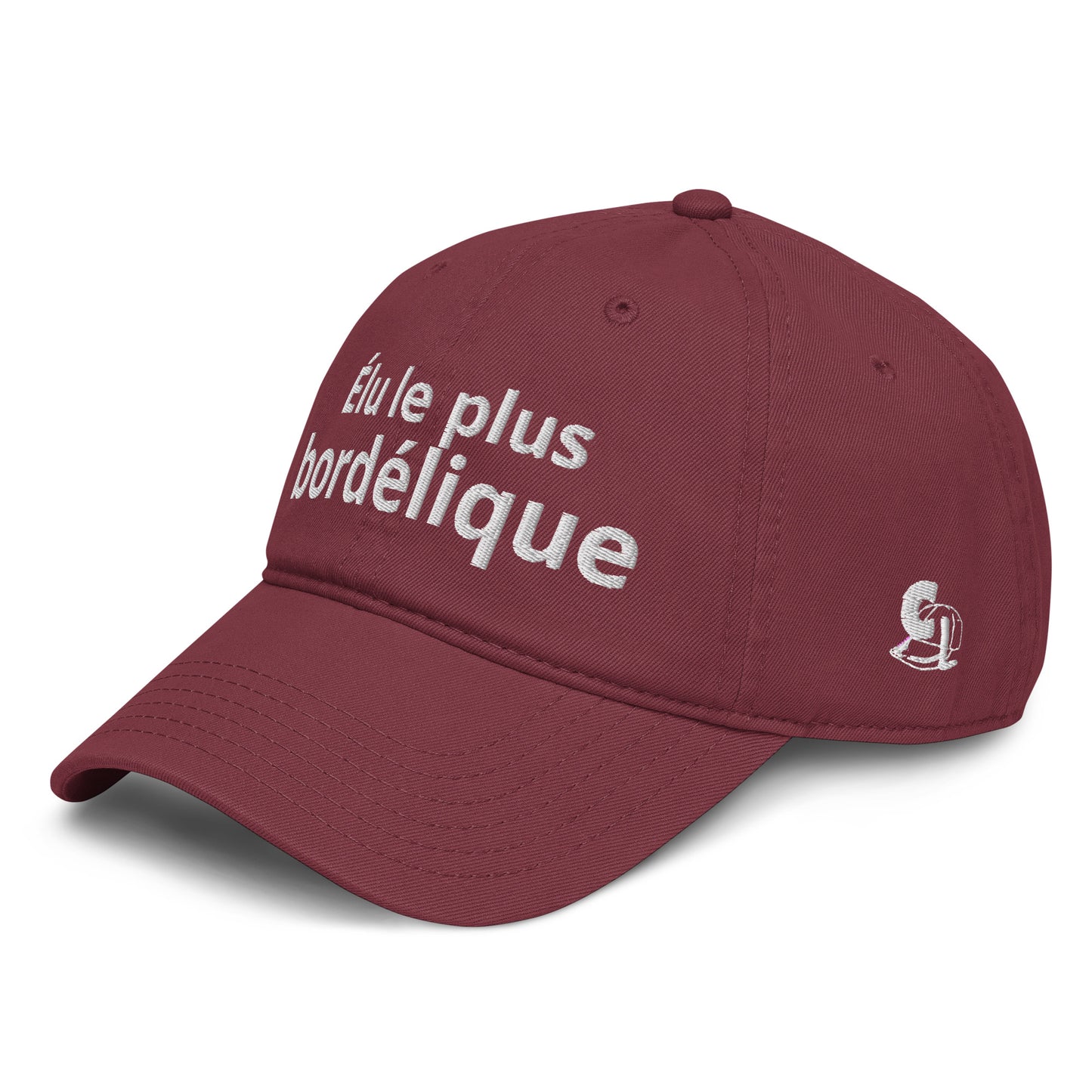Casquette Baseball, brodée « Élu le plus bordélique », en Bordeaux, vue de trois quarts