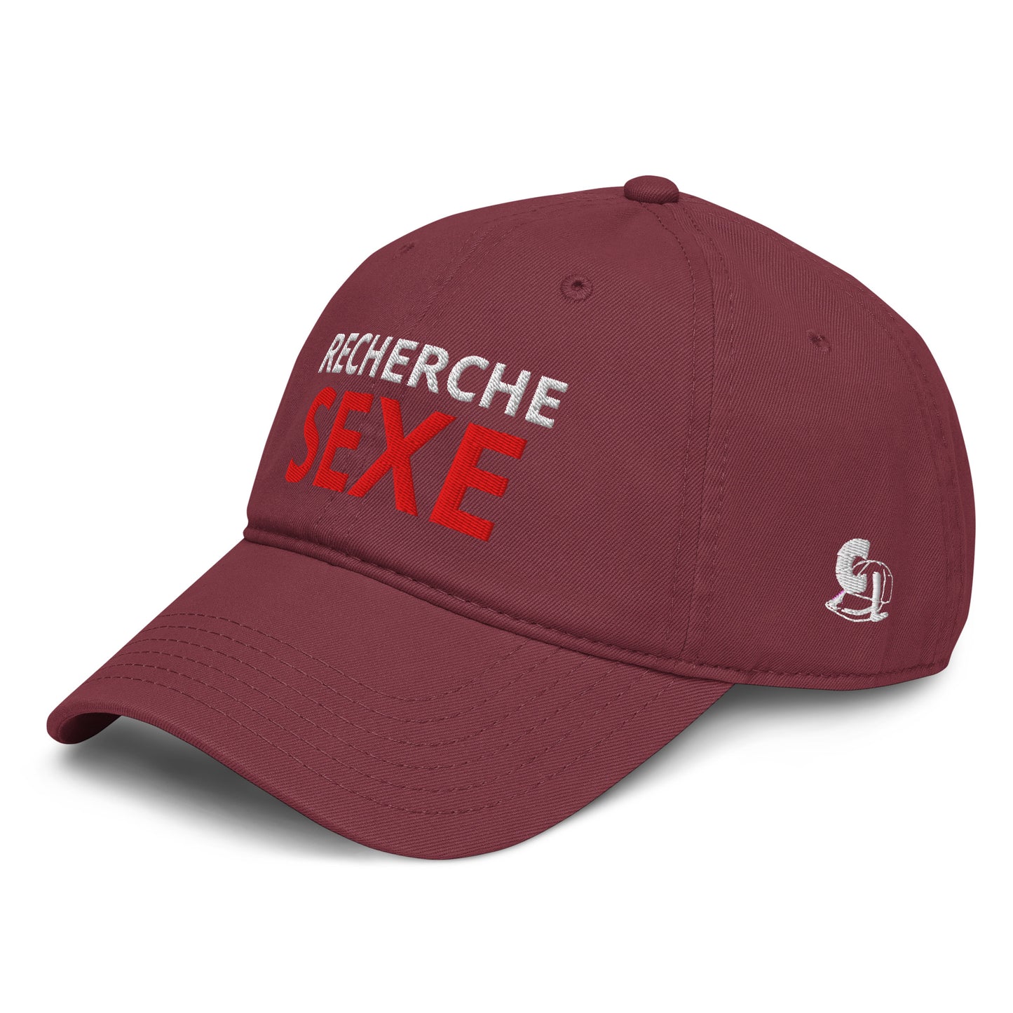 Casquette Baseball, brodée « Recherche SEXE », en Bordeaux, vue de trois quarts, image 2