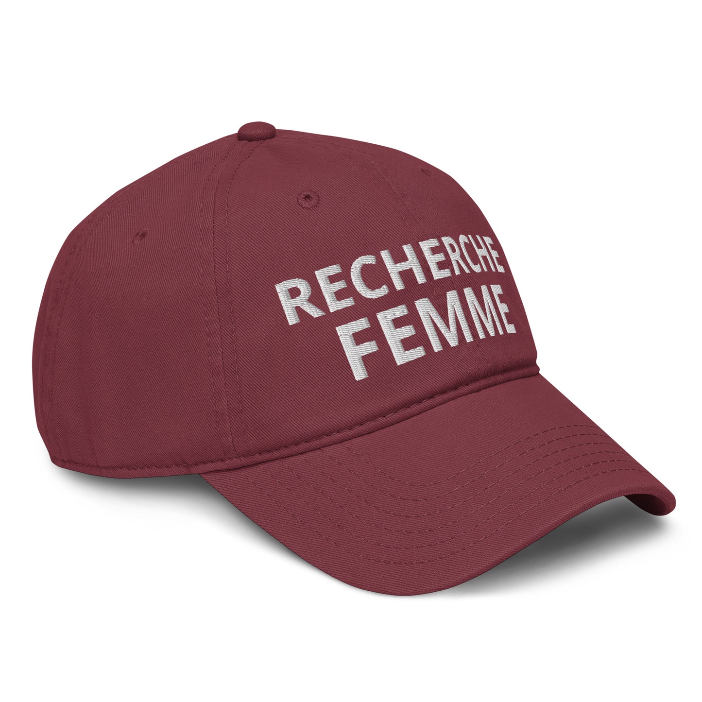 Casquette Baseball, brodée « Recherche Femme », en Bordeaux, vue de trois quarts, image 17