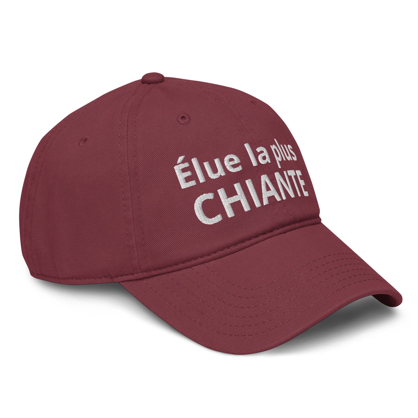 Casquette Baseball, brodée « Élue la plus chiante », en Bordeaux, vue de trois quarts, image 18