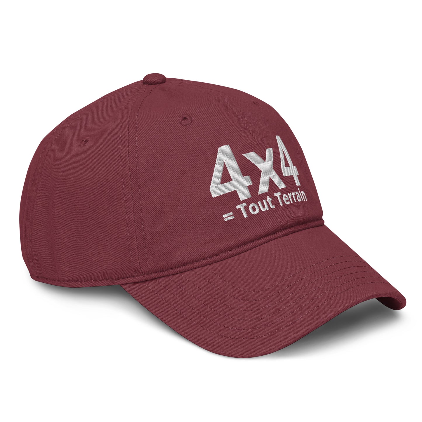 Casquette Baseball, brodée « 4x4 = Tout Terrain », en Bordeaux, vue de trois quarts, image 17