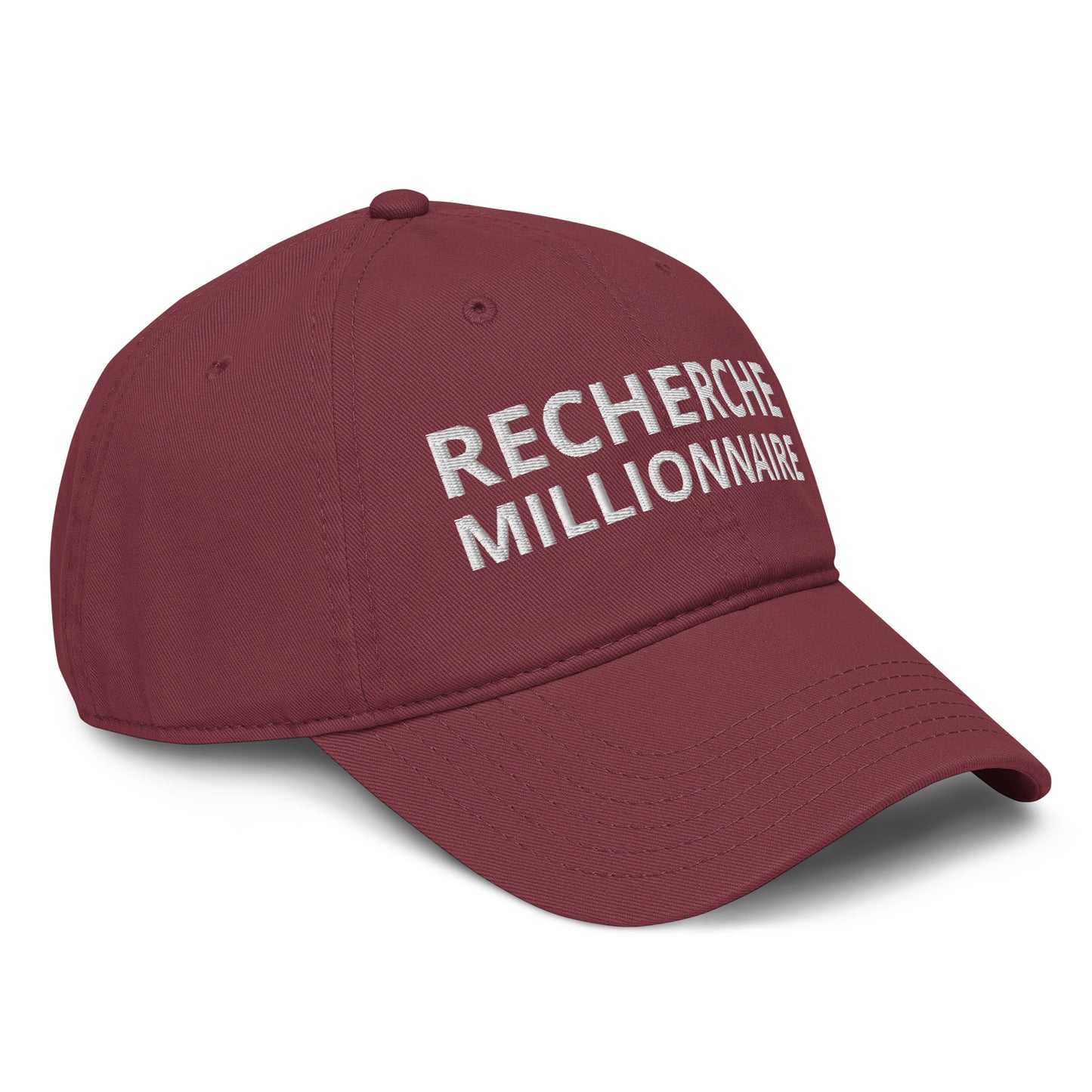 Casquette Baseball, brodée « Recherche Millionnaire », en Bordeaux, vue de trois quarts, image 17