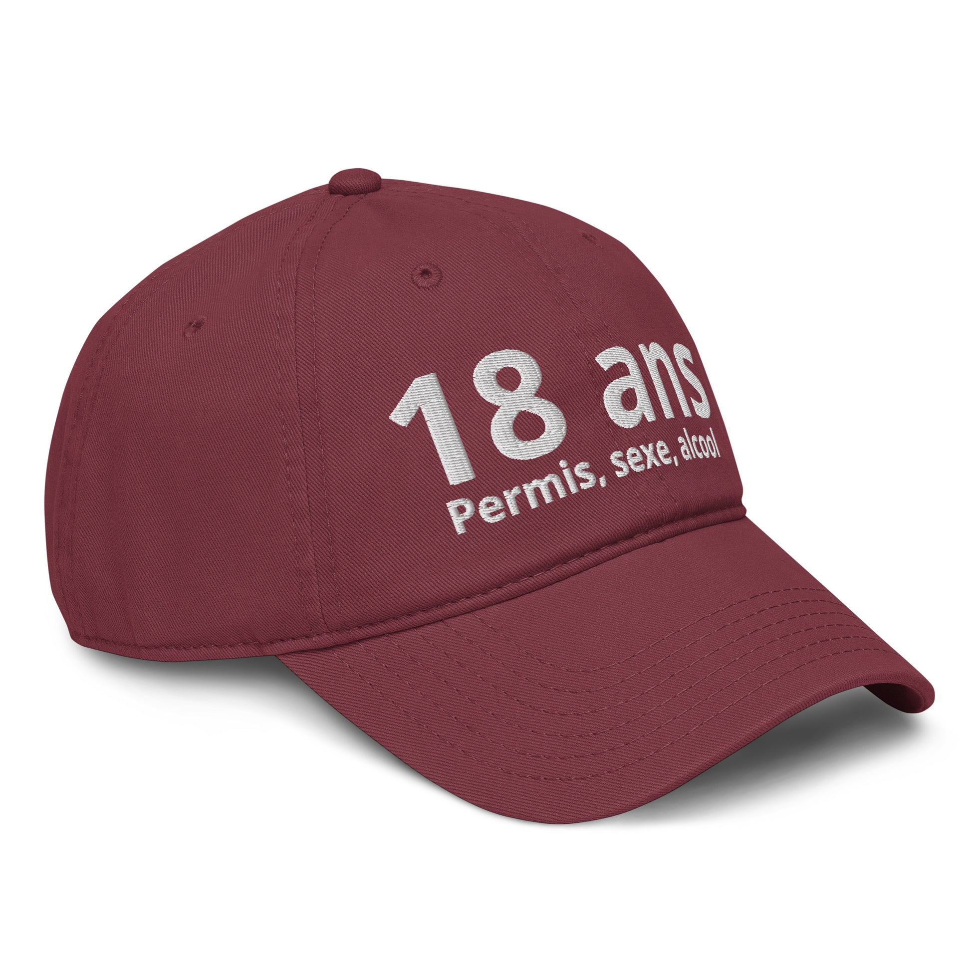 Casquette Baseball, brodée « 18 ans, Permis, sexe, alcool », en Bordeaux, vue de trois quarts, image 19