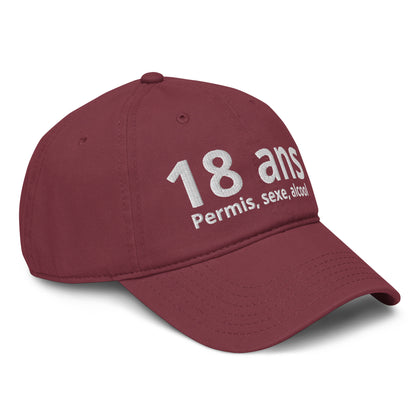 Casquette Baseball, brodée « 18 ans, Permis, sexe, alcool », en Bordeaux, vue de trois quarts, image 19
