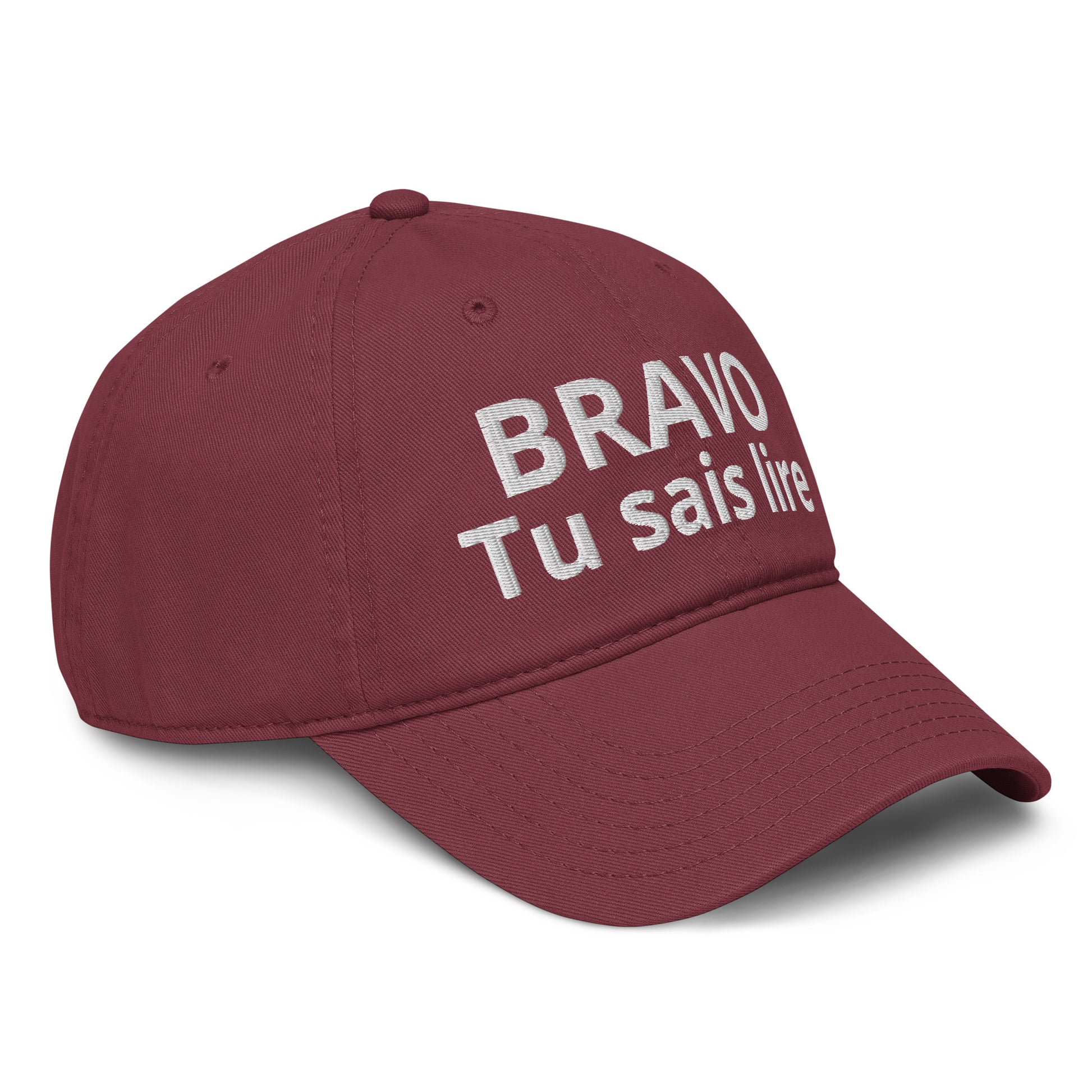 Casquette Baseball, brodée « Bravo tu sais lire », en Bordeaux, vue de trois quarts, image 18