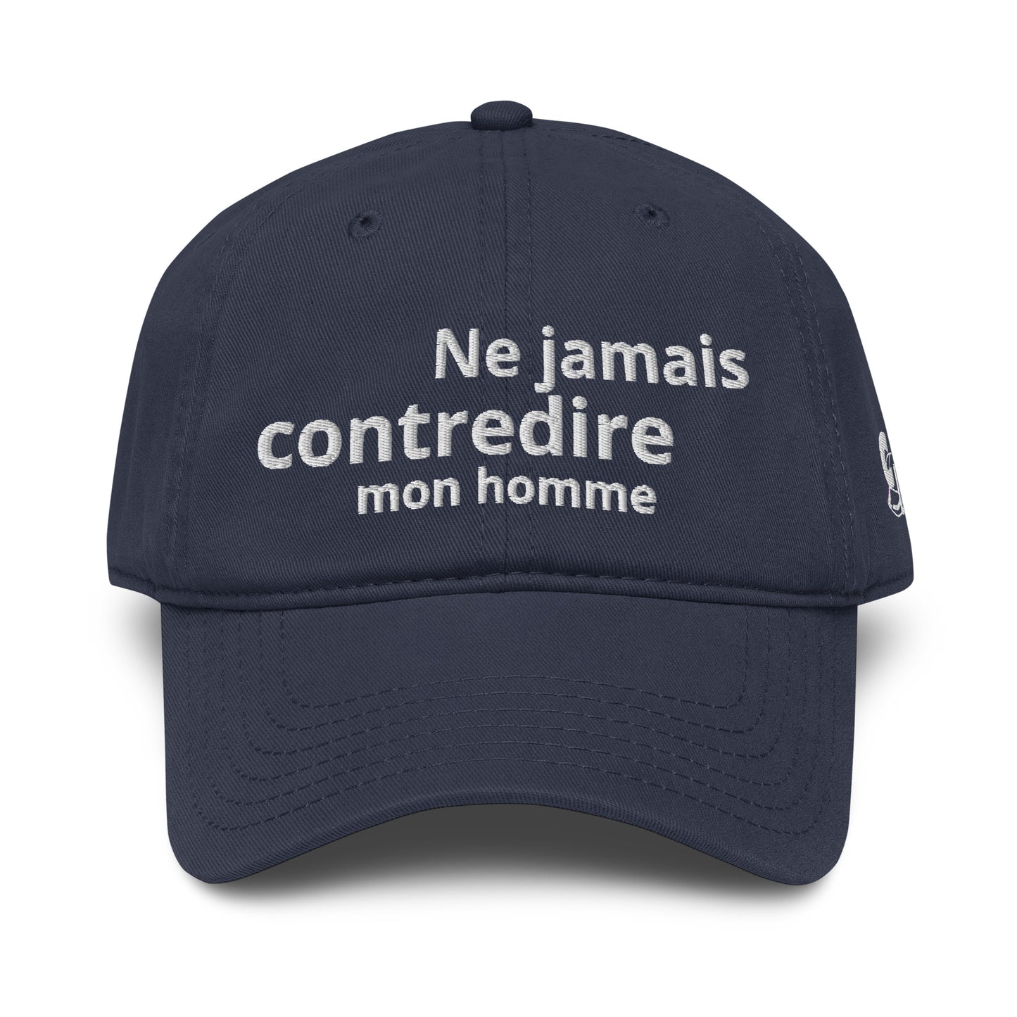 Casquette Baseball, brodée « Ne jamais contredire mon homme », en Bleu Marine, vue de face, image 10