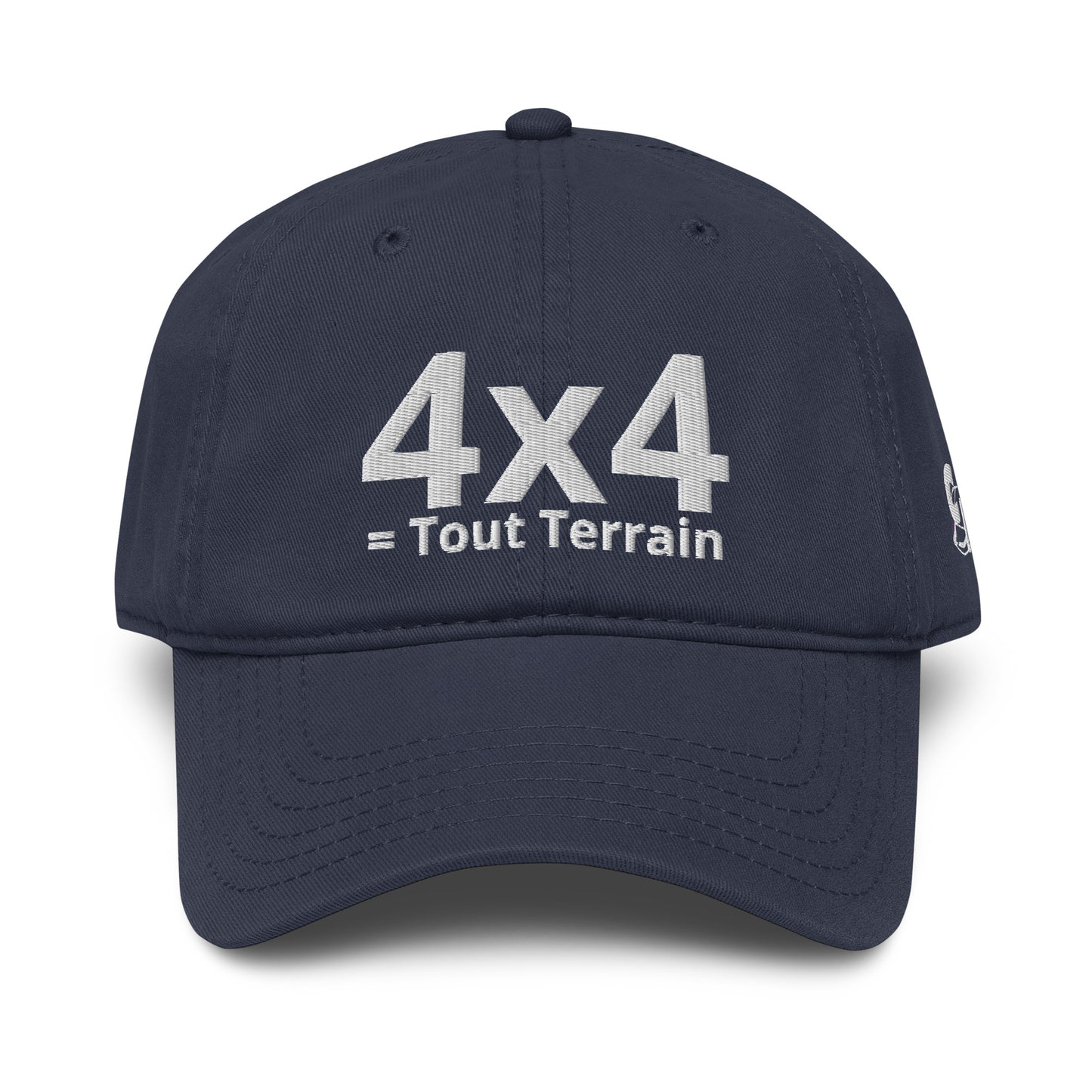 Casquette Baseball, brodée « 4x4 = Tout Terrain », en Bleu Marine, vue de face, image 10