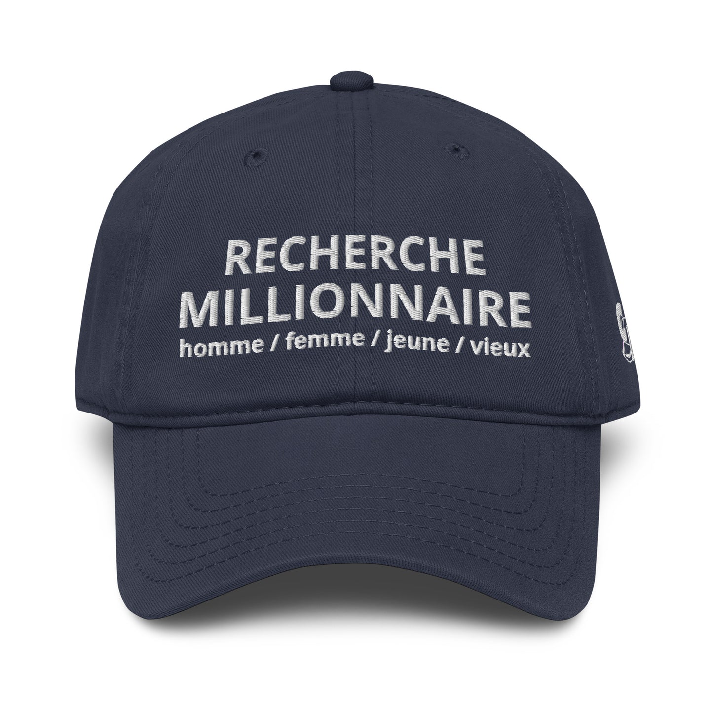 Casquette Baseball, brodée « Recherche Millionnaire », en Bleu Marine, vue de face, image 10
