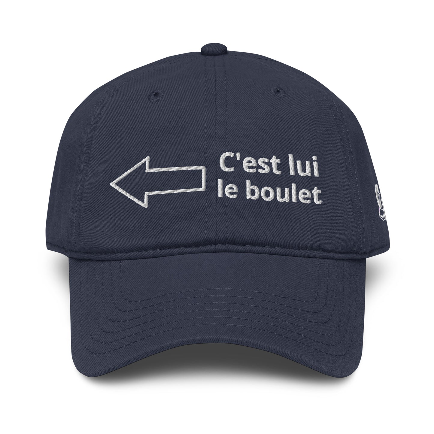 Casquette Baseball, brodée « <= c'est lui le boulet », en Bleu Marine, vue de face, image 10