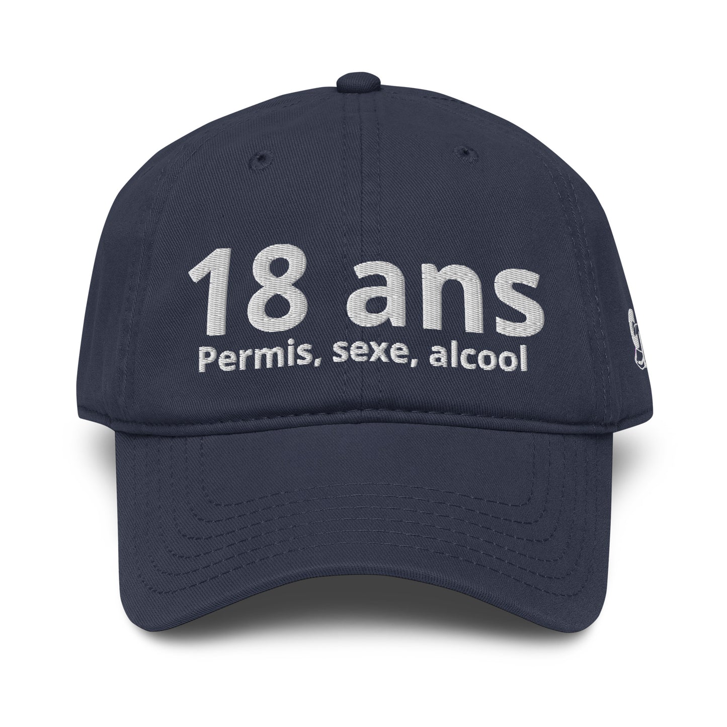 Casquette Baseball, brodée « 18 ans, Permis, sexe, alcool », en Bleu Marine, vue de face, image 10