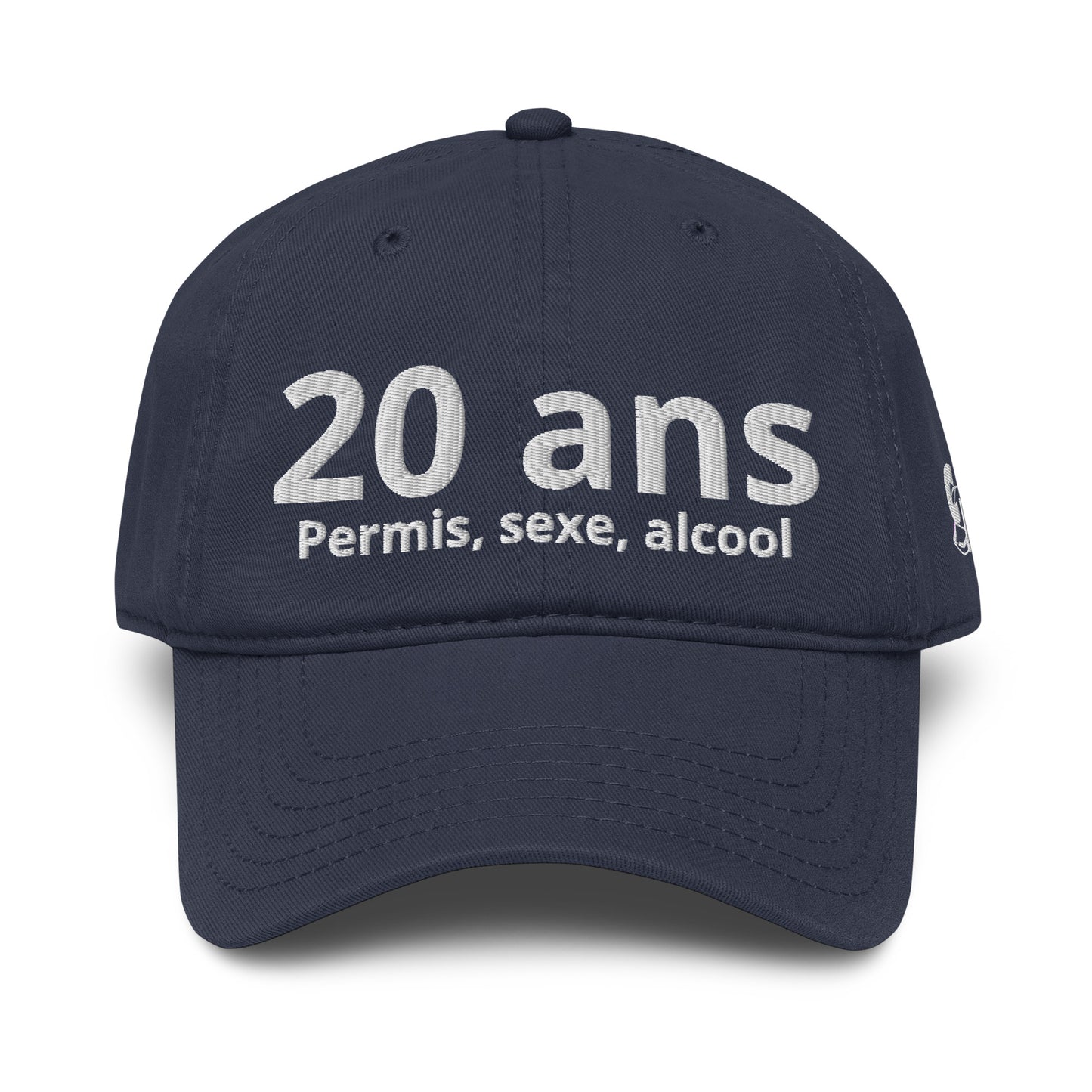 Casquette Baseball, brodée « 20 ans, Permis, sexe, alcool », en Bleu Marine, vue de face, image 10